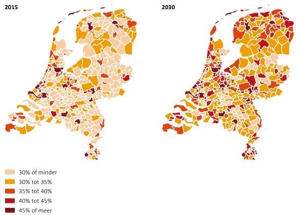 prognose aandeel eenpersoonshuishoudens in 2015 en 2030