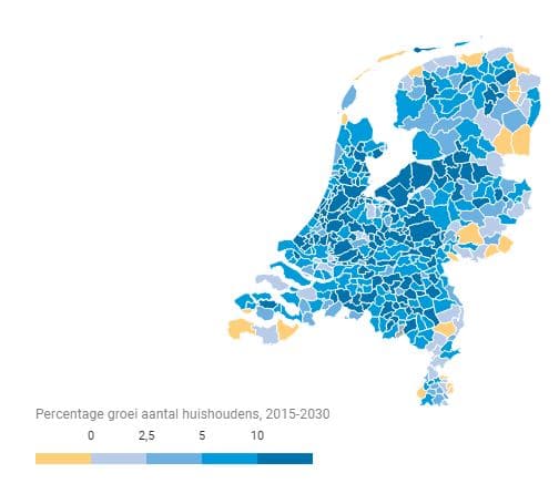 prognose van de huishoudensgroei per gemeente van 2010 - 2030