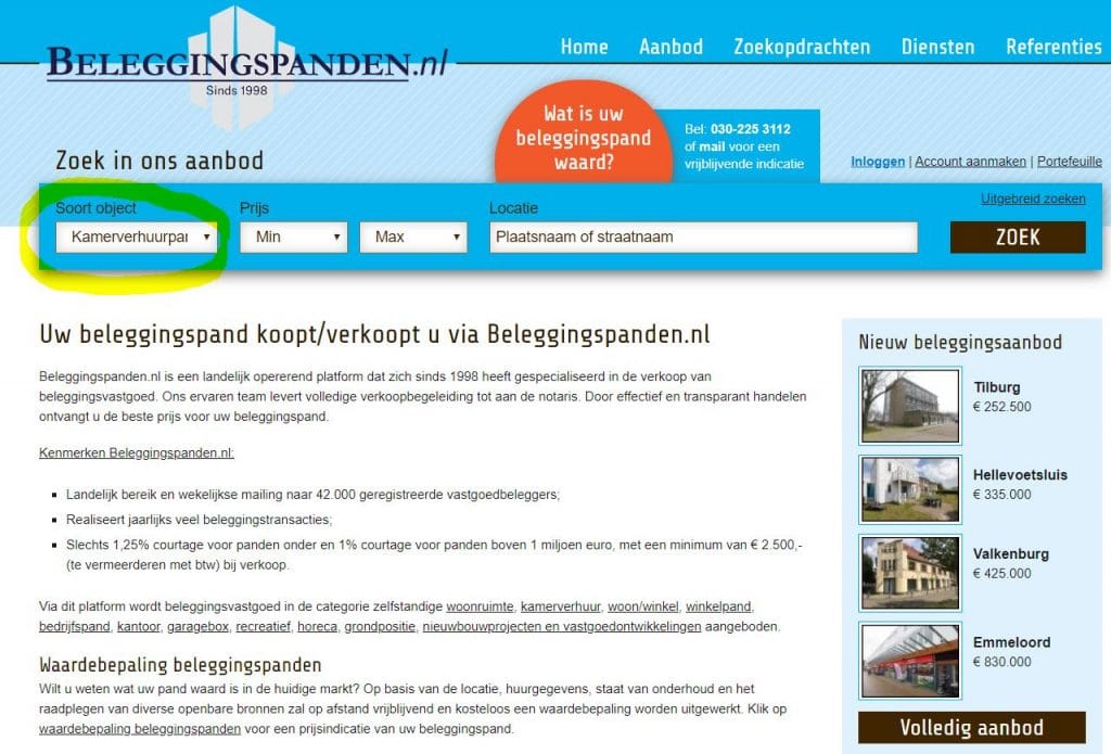 kamerverhuurpand kopen op beleggingspanden