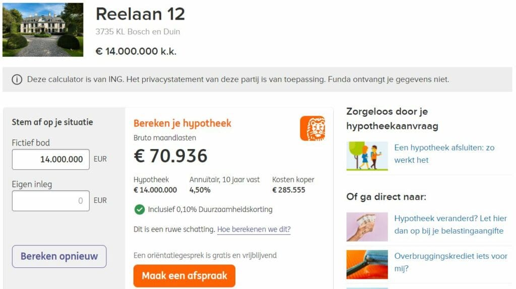 maandlasten voor Reelaan 12 in Bosch en Duin