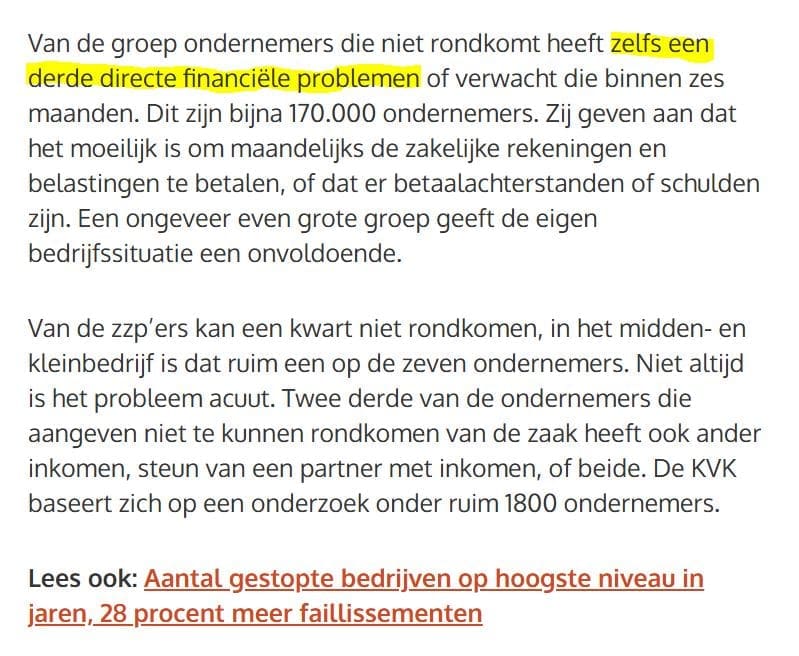 170k ondernemers hebben zelfs acute financiele problemen + gele markering over directe problemen